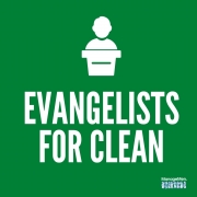 Picture with green background and person standing at a podium with text reading "evangelists for clean."
